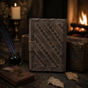 Decorative leather-bound book with intricate patterns on a rustic wooden surface with a candle and fireplace in the background.