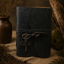 Dark leather journal with embossed design and key lock on a rustic background