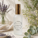 Skincare bottle labeled 'Evening Calm' with lavender and flowers on a light background