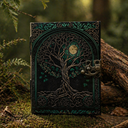 Decorative notebook with tree design on a forest background