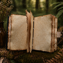 Open old book in a forest setting with ferns and leaves.