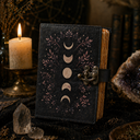 Black leather notebook with moon phase design on a mystical setting with candles and crystals.