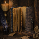 Vintage leather-bound book with ornate cover on a wooden shelf, candle and feather in the background