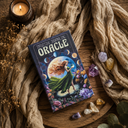 Intuitive Journaling Oracle card deck box displayed on a rustic wooden board with a draped beige scarf, a lit candle, crystals, and dried flowers.