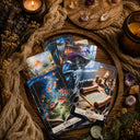 A styled flat-lay of an oracle or tarot card deck spread across a round wooden tray, surrounded by dried flowers, crystals, and lit candles. The cards feature detailed fantasy and mystical illustrations, including a card labeled 'ISSUES' and another labeled 'FATE'.