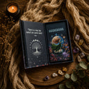 An open tarot card deck box labeled 'GUIDEBOOK' sits on a wooden surface surrounded by a knitted beige scarf, a lit candle, crystals, and dried leaves. The left panel shows moon phases and a tree of life with a quote, and the right panel shows a fantasy illustration.