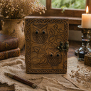 Decorative leather-bound book with owl design on a rustic setting