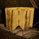 Vintage leather-bound book with worn pages on a textured surface