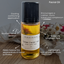 Facial oil bottle labeled 'Golden Facial Ease' with text highlighting benefits on a wooden surface.