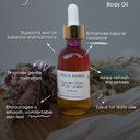 Sylvan Glow body oil bottle with dropper on a wooden surface, surrounded by natural elements.