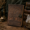 Decorative leather journal with tree design on a wooden surface with books and crystals.