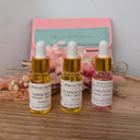 Three dropper bottles with labels on a wooden surface, with 'Wildroot Alchemy' branding in the background.