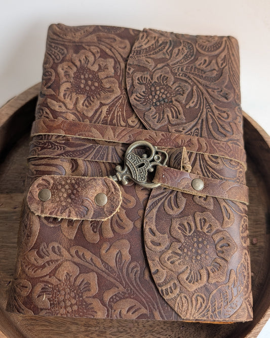 Brown Floral Vintage Antique Clasp Style Leather Journal