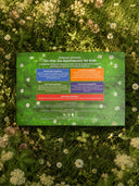 A rectangular printed card or booklet titled 'Wildroot Apothecary for Kids' lies on a bed of green grass and small white flowers. The card has a green background with white daisy illustrations and several colored ingredient sections in blue, orange, purple, and red.